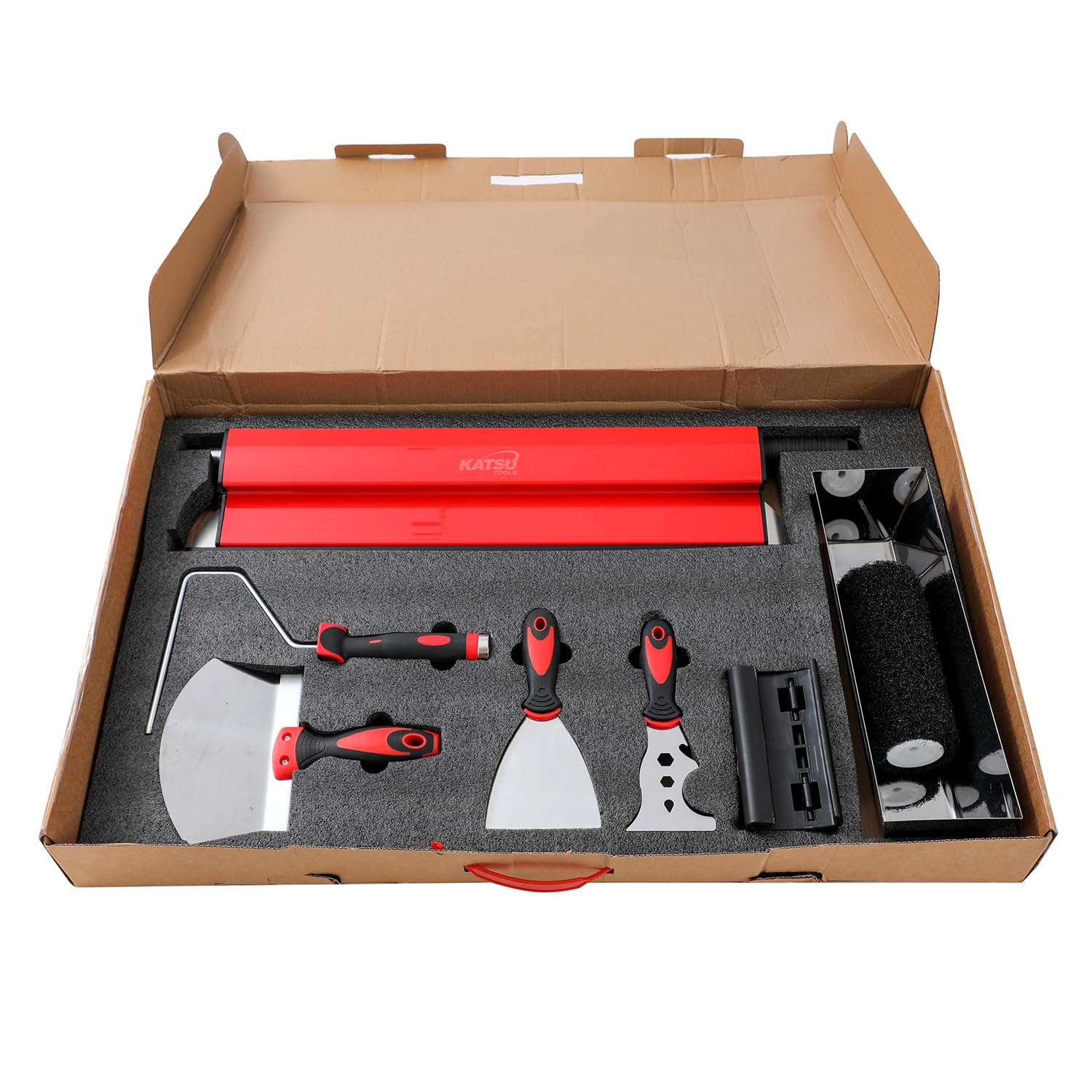 KATSU Tools Trockenbau-Klingen-Set, 8-teilig, 60 cm Skimming-Klinge + Aluminium-Verlängerungsstange + Farbroller + Spachtelmesser + Tapetenschaber + Schlammwanne, für Wandbrett, Deckenputz, 8 Stück