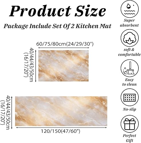 Miniatura 2 de 2Pcs Elegant Marble Texture Kitchen Mats for Floor Beige Retro Aesthetics Printed Non-Slip Washable Rugs Set Runner for Holiday Decor Entrance Porch