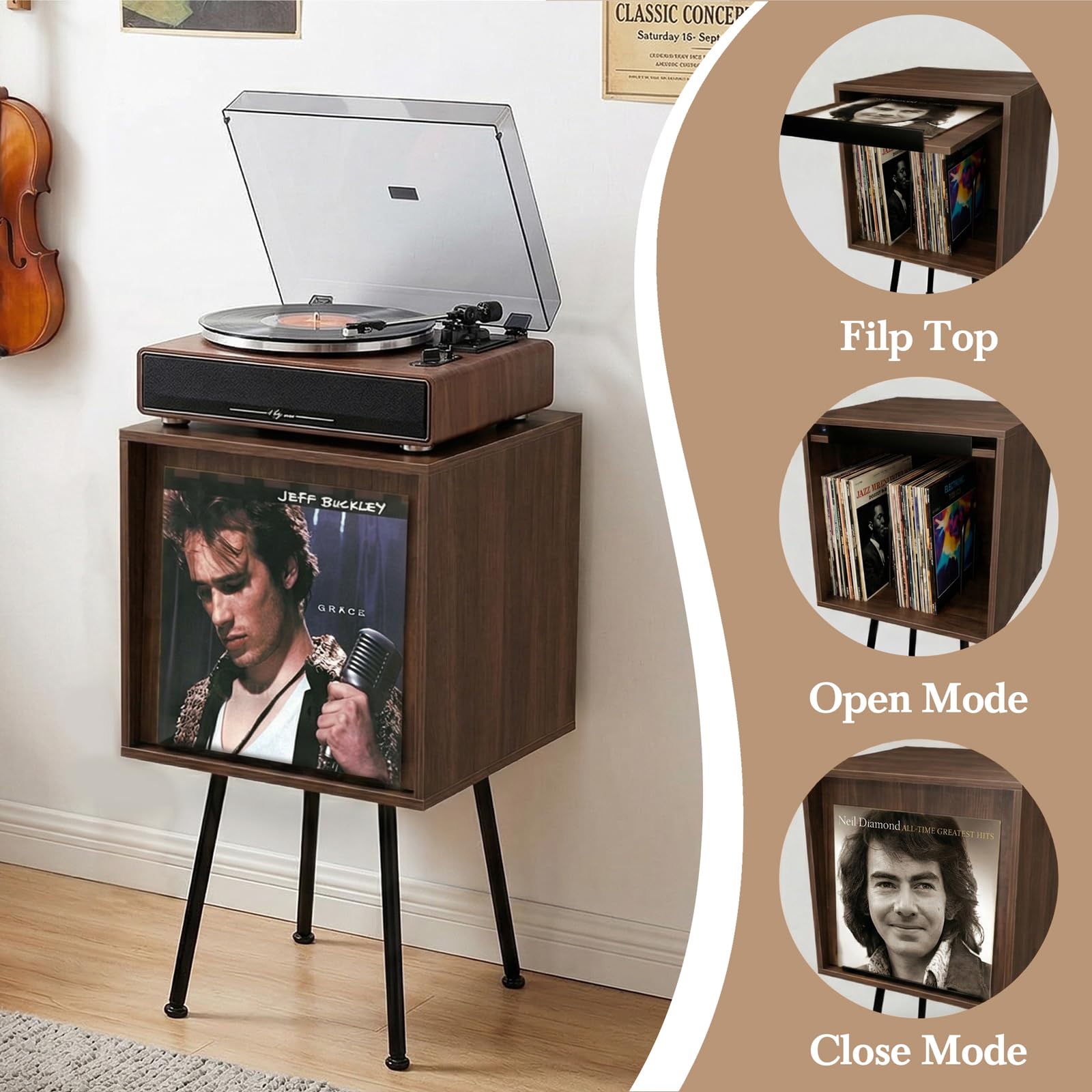Faesun Supporto per giradischi con coperchio ribaltabile, può contenere fino a 100 album, supporto per giradischi con display per dischi in vinile, per soggiorno, camera da letto, noce