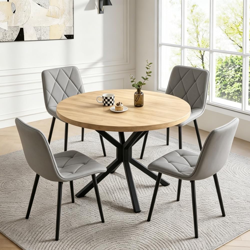 Pantanal 95cm Round Oak Wood Dining Table and Grey Velvet Chairs Set of 4, Modern 5 Pieces Compact Kitchen Table with 4 Elegant Argyle Grid Chairs for Dinette Restaurant Small Space