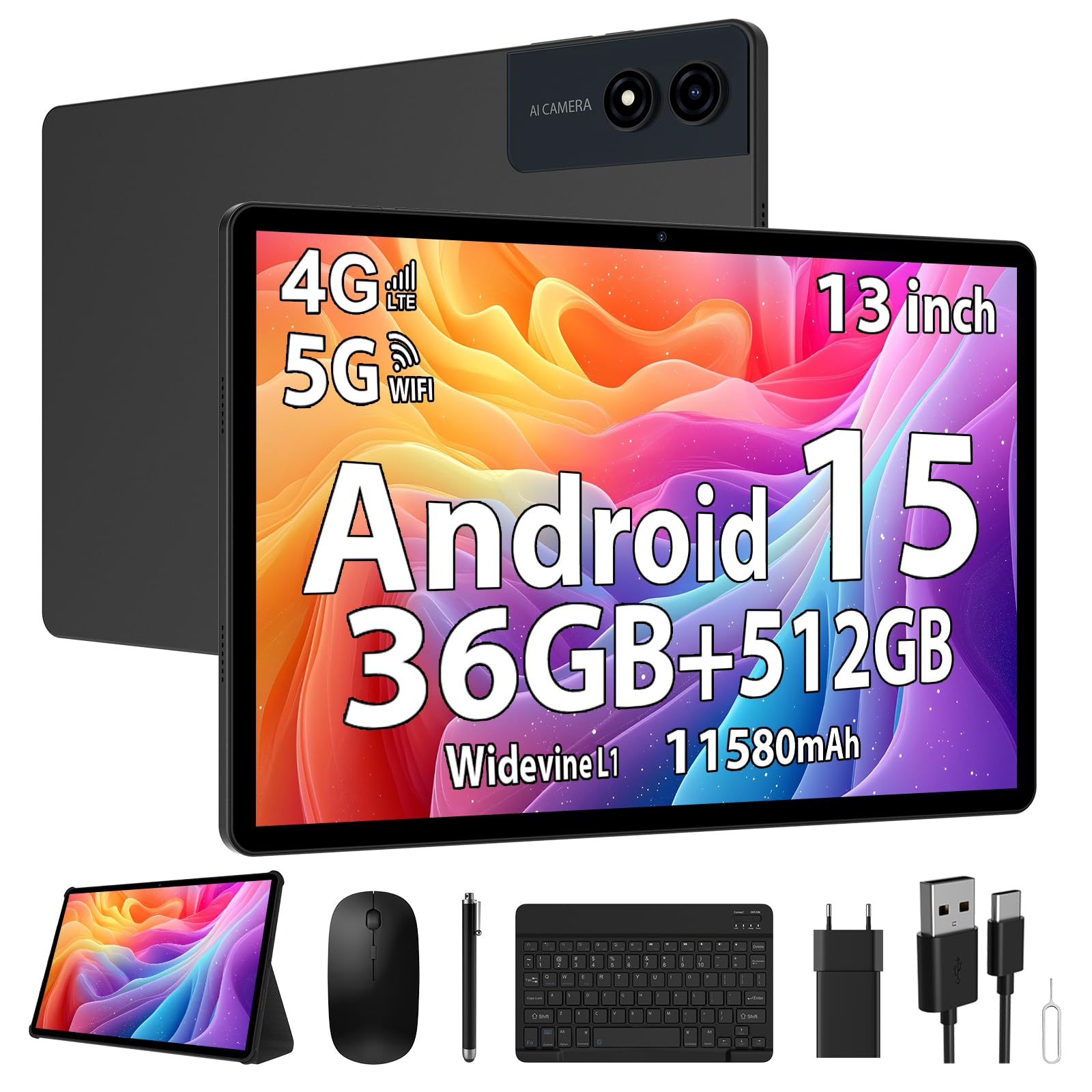 RUSHAR Tablet 13 Pollici Android 15 con 36GB RAM+512GB ROM(TF 2TB), 4G LTE/SIM & 5G WiFi, INCEL 3K HD, 11580mAh/Octa Core/Gemini AI/13MP+8MP/90H/18W/GPS/Widevine L1/BT5.0, Tablet con Tastiera, Nero