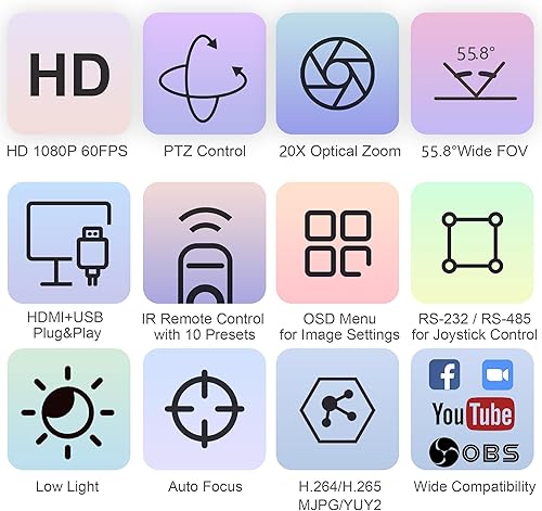 Miniatura 8 de TONGVEO Sistema de cámara PTZ para sala de conferencias con zoom óptico de 20X  Cámara web HDMI USB 1080P 60fps para transmisión de iglesia Video