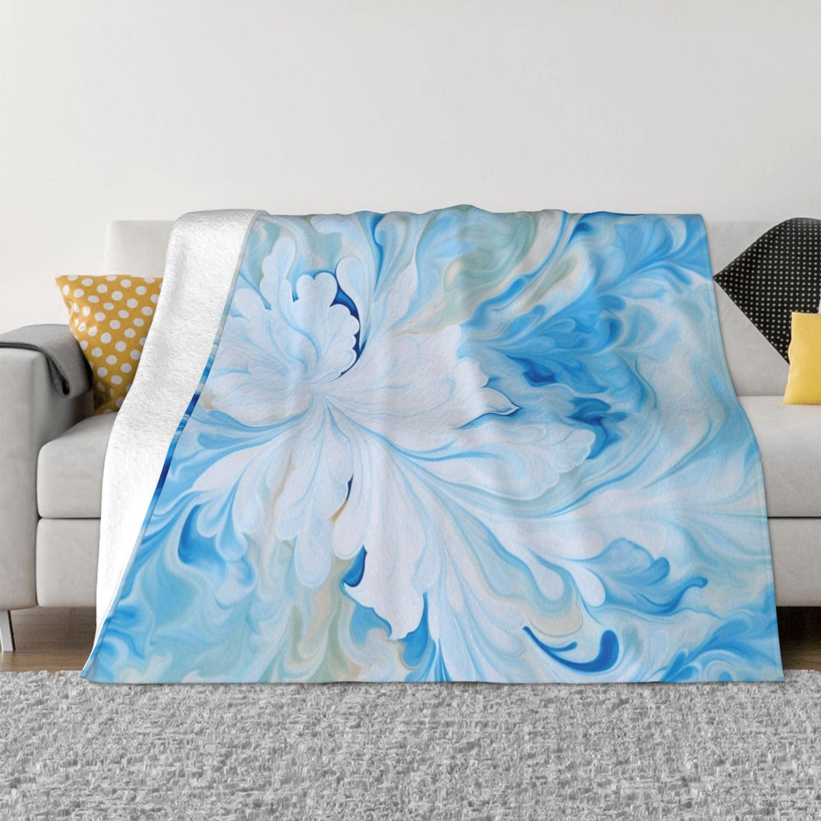 Couverture ultra douce anti-froid en flanelle bleu et blanc pour lit