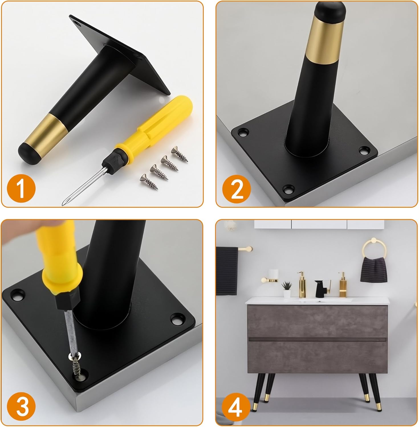 Verida Furniture Legs 20 Inch, Set of 4, Metal Table Legs Replacement for Sofas, Dressers, TV Stands, Chairs, Nightstands and Furniture, Mid-Century Style, Matte Black and Gold