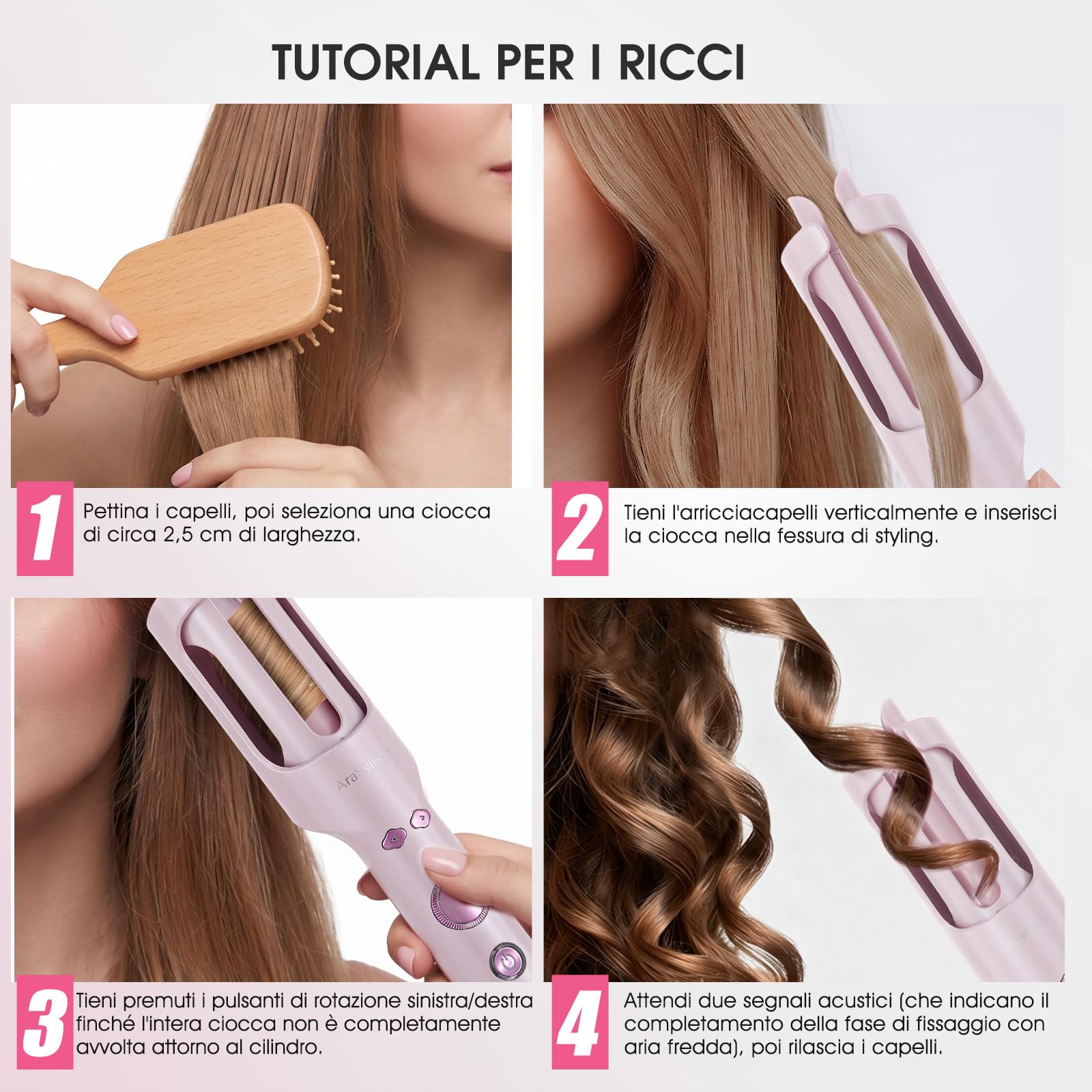 Arricciacapelli Automatico con Aria Fredda e Ioni, 30 mm Ceramica Auto Curler, 5 Temperature 160-200°C, Antiscottatura, Doppia Tensione 110-240V per Casa e Viaggi