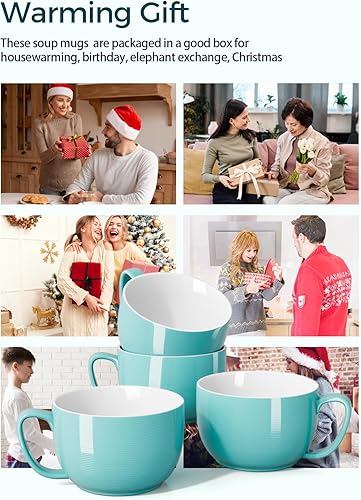 Miniatura 4 de Teocera Juego de 4 tazas de café de 12 onzas y tazas de café jumbo de 24 onzas, color turquesa