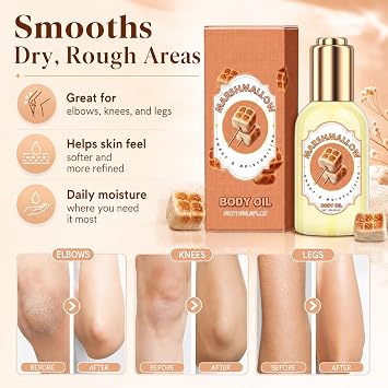 Marshmallow Body Oil with Squalane & Vitamin E - Hydrating Moisturizer for Dry Skin, Long-Lasting Fragrance, Post Shower & Massage Oil, Travel Size