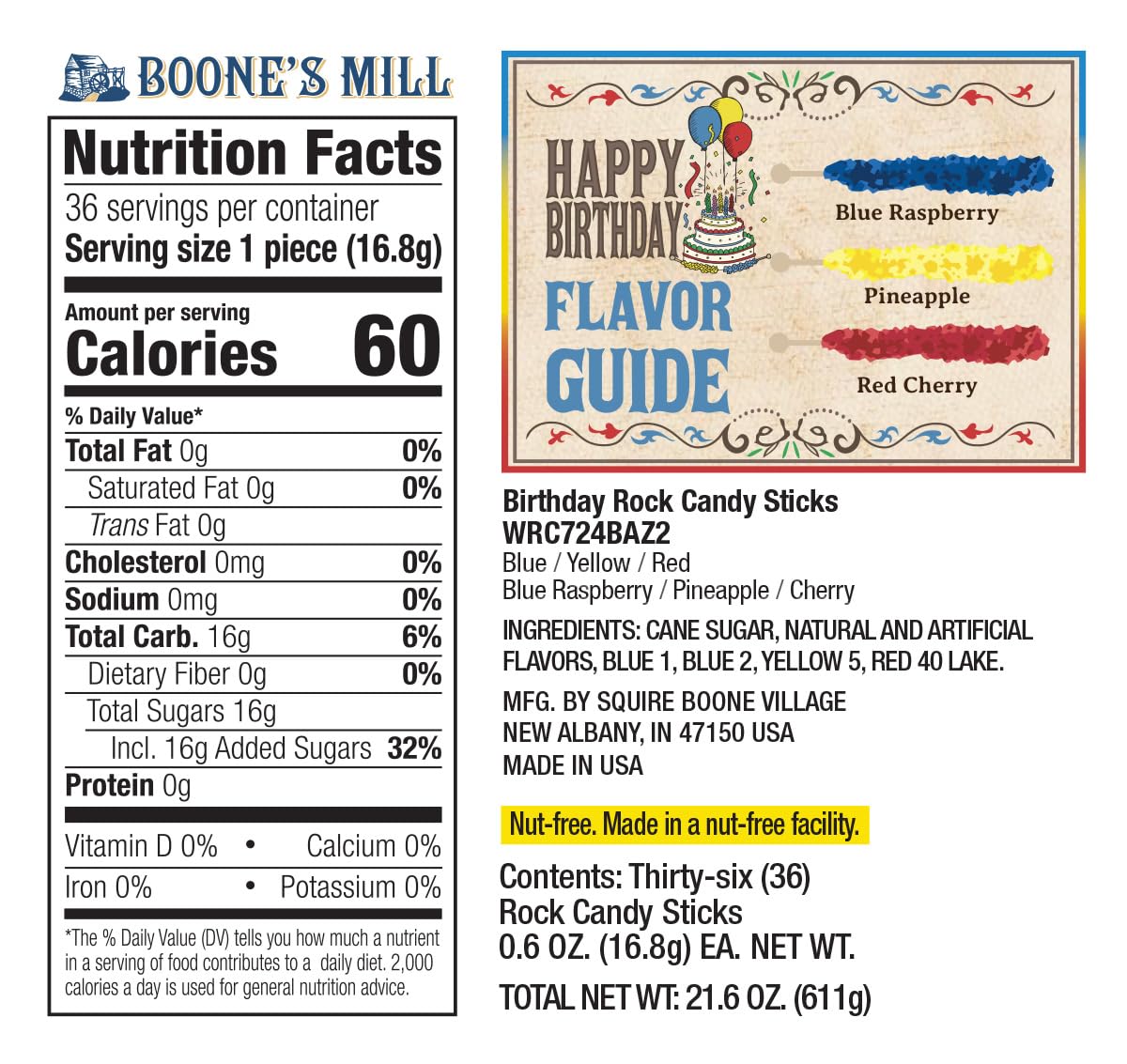 Boone's Mill | Holiday Themed Rock Crystal Candy Sticks (Happy Birthday)