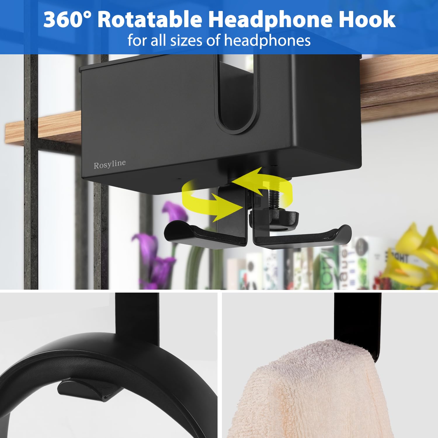ROSYLINE Soporte para taza de escritorio, soporte para bolígrafos, soporte para auriculares, gancho giratorio (negro)