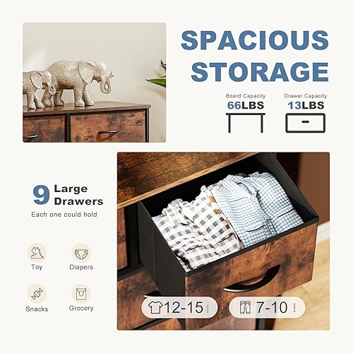 Miniatura 3 de DUMOS Dresser for Bedroom, Storage Organizer with 9 Drawers, Chest of Drawers with Fabric Bins, Sturdy Metal Frame, Wood Tabletop for Guest Room,