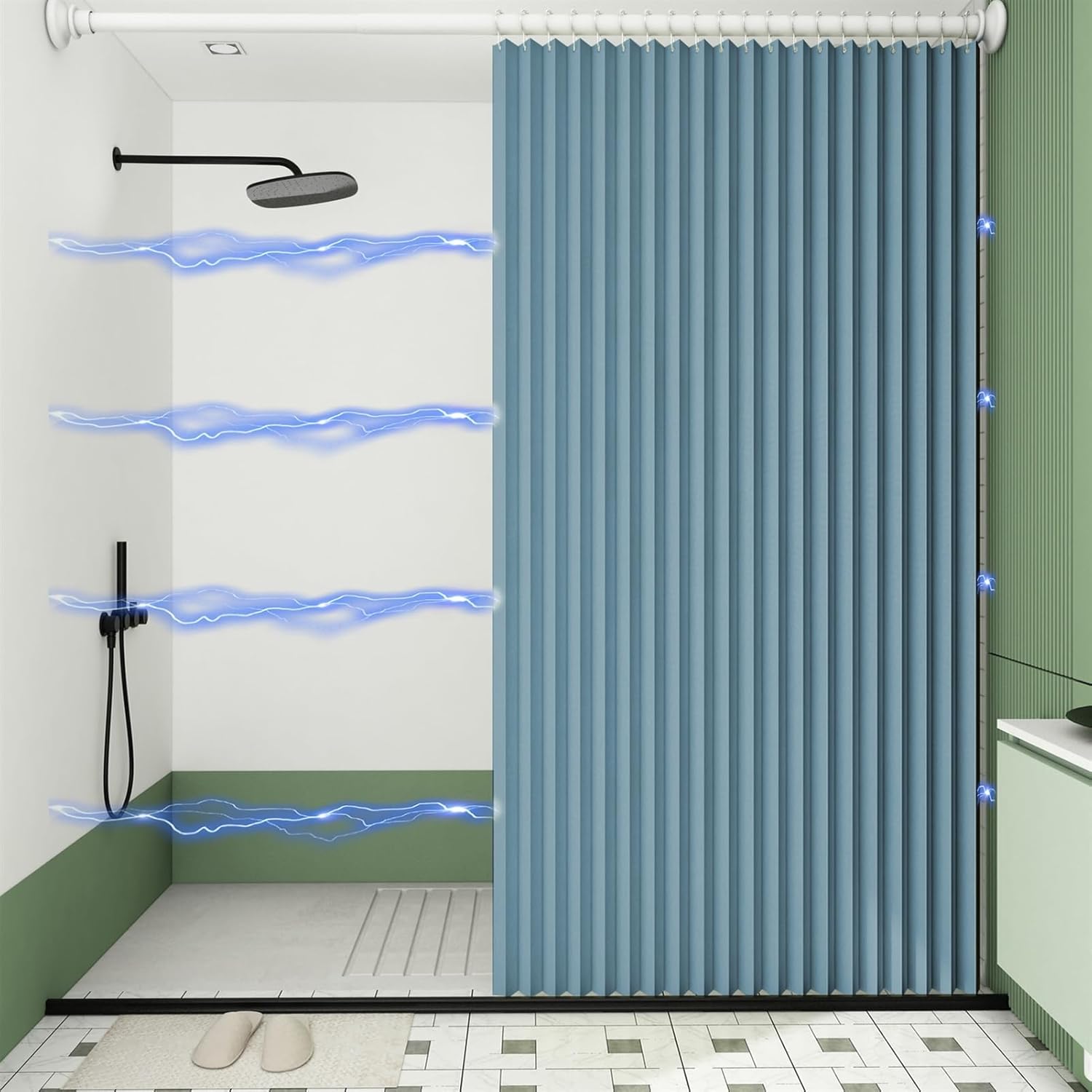 Waterproof Magnetic Folding Shower Curtain for Walk in Shower, Washable Pleated Fabric Shower Curtains, 220gsm, No Liner Needed, C-Shaped Hook, Grey, 59"x71"