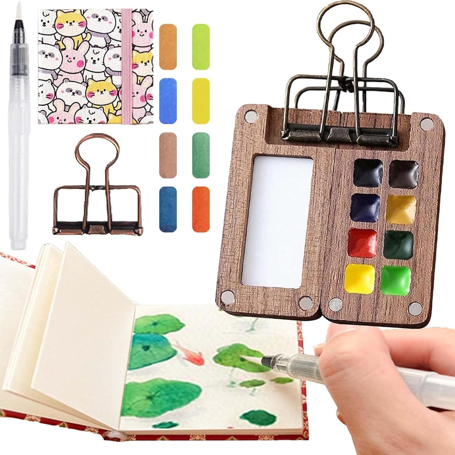 Solysta Travel Paint Palette,Travel Ready Paint Palette Bundle,Mini Watercolor Palette Set,Draagbare Houten Mini Travel Paint Tray met Clip for Tekenen(D)