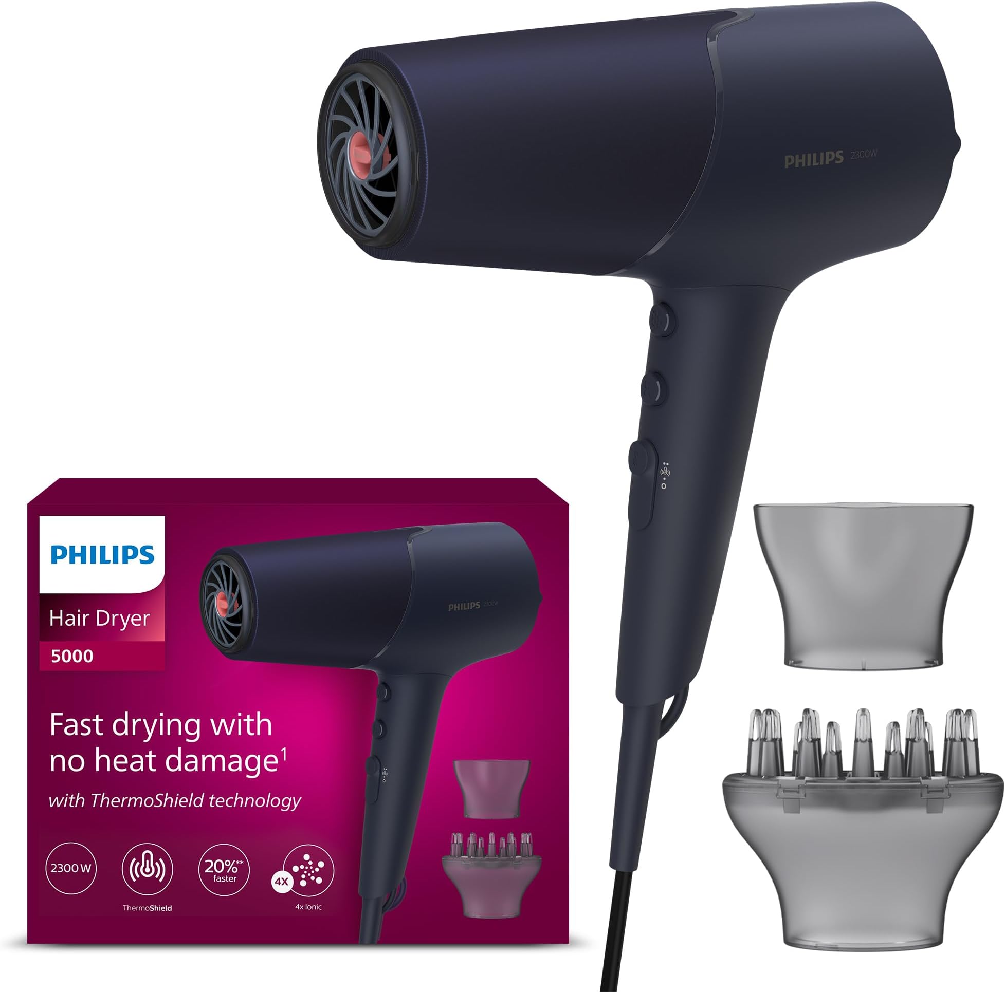 Philips Hair Dryer 5000 Series, ThermoShield Technology, Ionic, with Nozzle and Hair Diffuser, 2300W, Model BHD510/03