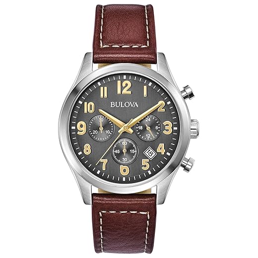 Bulova Relógio masculino clássico de aço inoxidável com 6 ponteiros e pulseira de couro de quartzo com mostrador cinza, detalhes dourados, marcadores árabes, 41 mm
