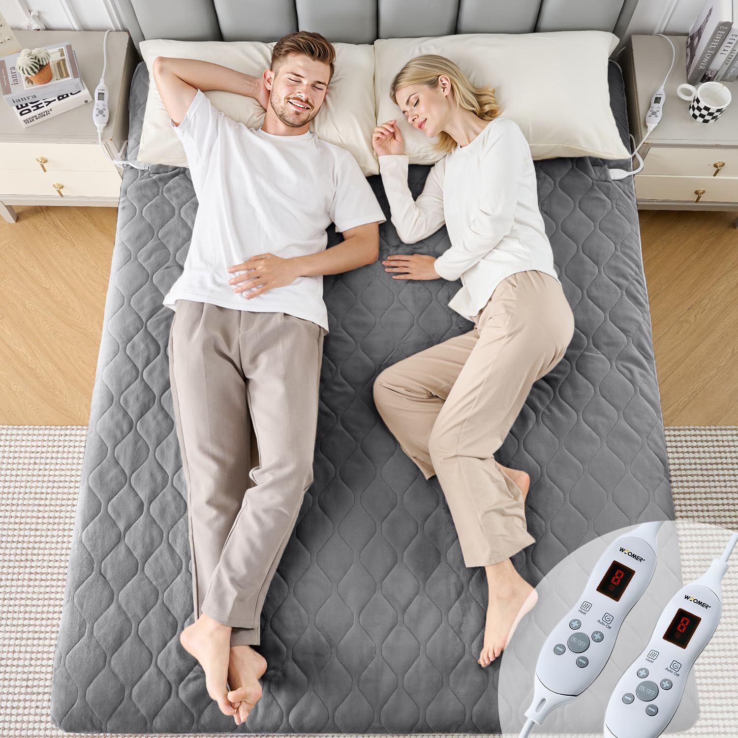 WOOMER Coperta termica elettrica con spegnimento automatico, 200 GSM/velluto con timer da 12 ore, 10 livelli, protezione da surriscaldamento, cavo da 5,8 m, per materassi fino a 45 cm, lavabile/grigio