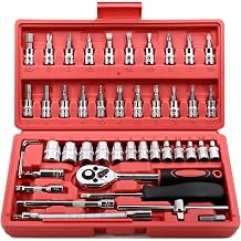 FLZOSPER 46-Piece 1/4-inch Screwdriver Drive Socket & Bit Set Combination with Reversible Ratchet Wrench Tools Kit for Auto Repairing & Household with Storage Case Red