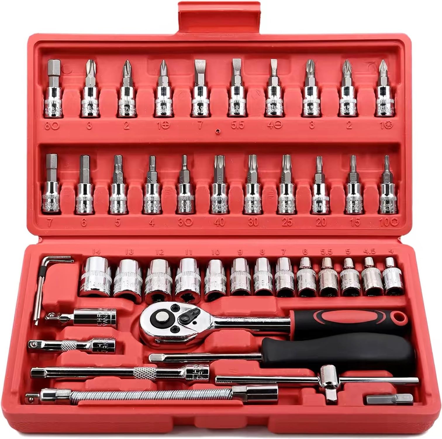 FLZOSPER 46-Piece 1/4-inch Screwdriver Drive Socket & Bit Set Combination with Reversible Ratchet Wrench Tools Kit for Auto Repairing & Household with Storage Case (Red)