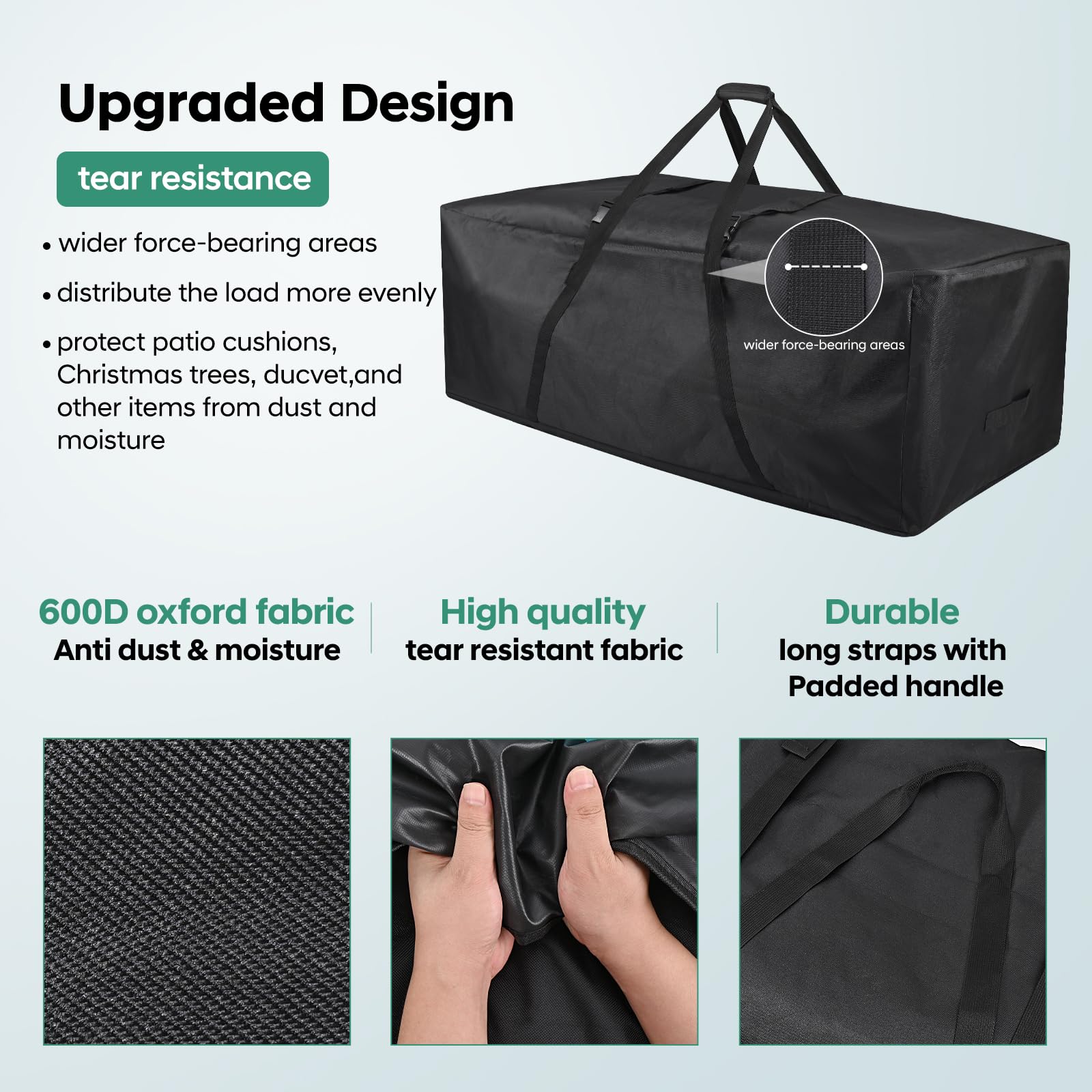 FAMIROSA Sac de Rangement pour Coussins de Jardin et Sac de Rangement imperméable, Anti-UV Tissu 600D Oxford, Fermeture éclair Durable et poignées pour Coussins d’extérieur (172x76x51cm)