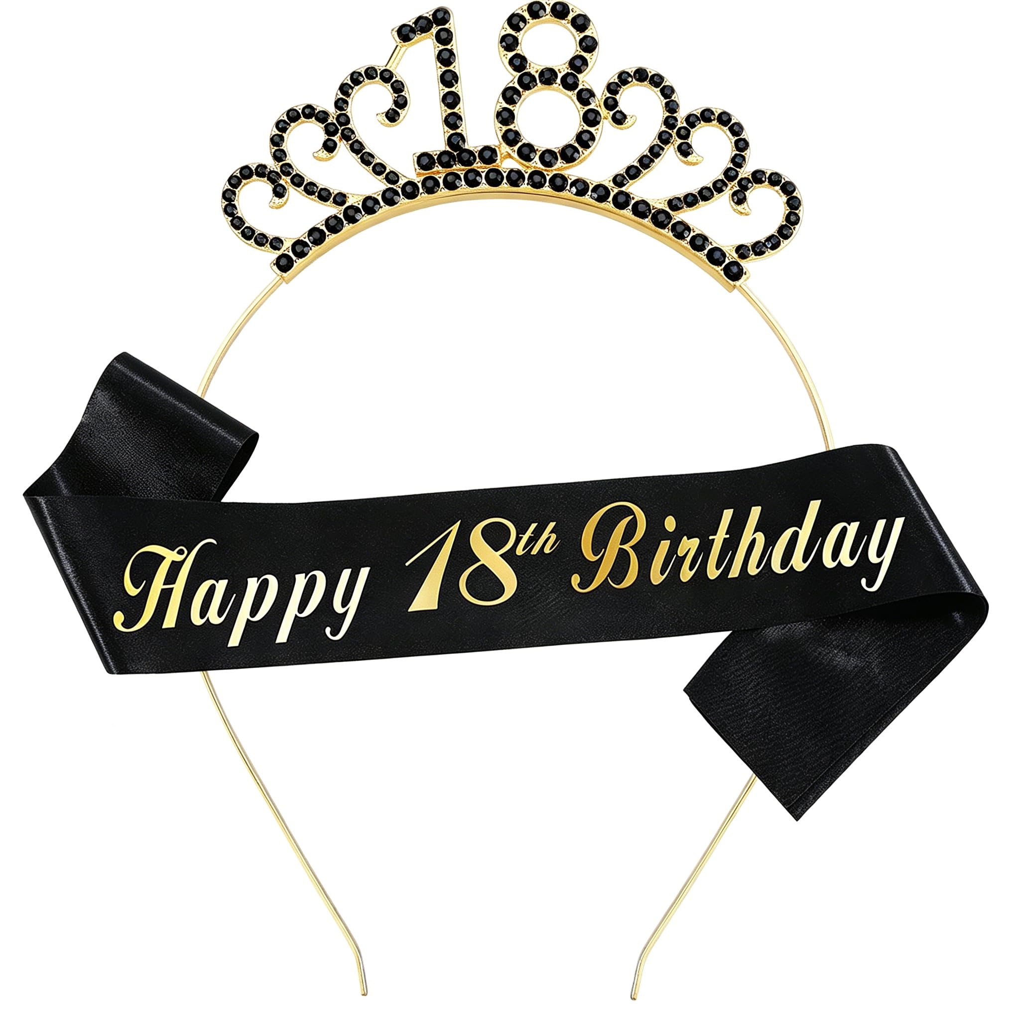 WeveriColle 18th Birthday Sash and Crown Crystal Tiara Headband for Girls 18th Birthday Decoration for Girl Black Gold - 18th Birthday Gift & Party Accessory