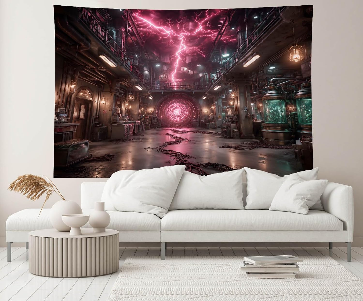 CHNYWORK 138x98 Inches Superpower Laboratory Tapestry Horror Lab Tanks Red Lights Through Concrete Walls Gate to Another World Background for Living Room Bedroom Aesthetic College Dorm Wall Decor