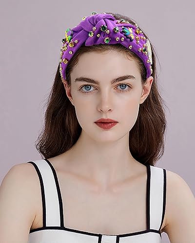 Miniatura 4 de Diadema de Mardi Gras anudada con diamantes de imitación para mujer, con diamantes de imitación, diadema con nudo superior ancho, diadema para el