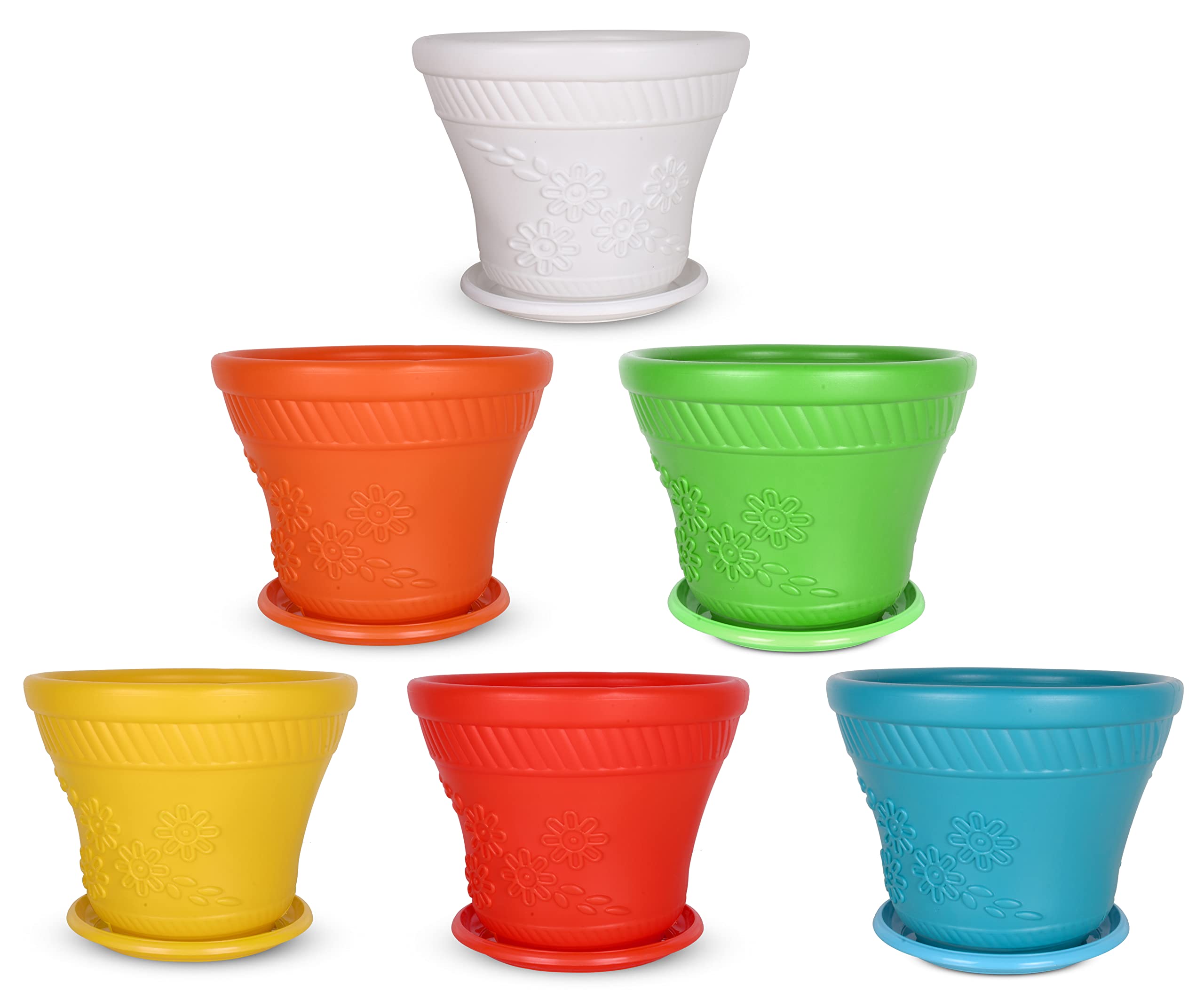 Roots & Shoots Plastic (tenos) Pot With Plate (Multicolour Set Of 6 Orange, White, Green, Red, Blue, Yellow) for Indoor and Outdoor Gardening I Gamla for Garden I Pots for Plants Flower Pot Gardning Plastic Pot Shape Round I Home Decover I Home Idoor & Outdoor Gardening Pot For Plants I Garden Decor I