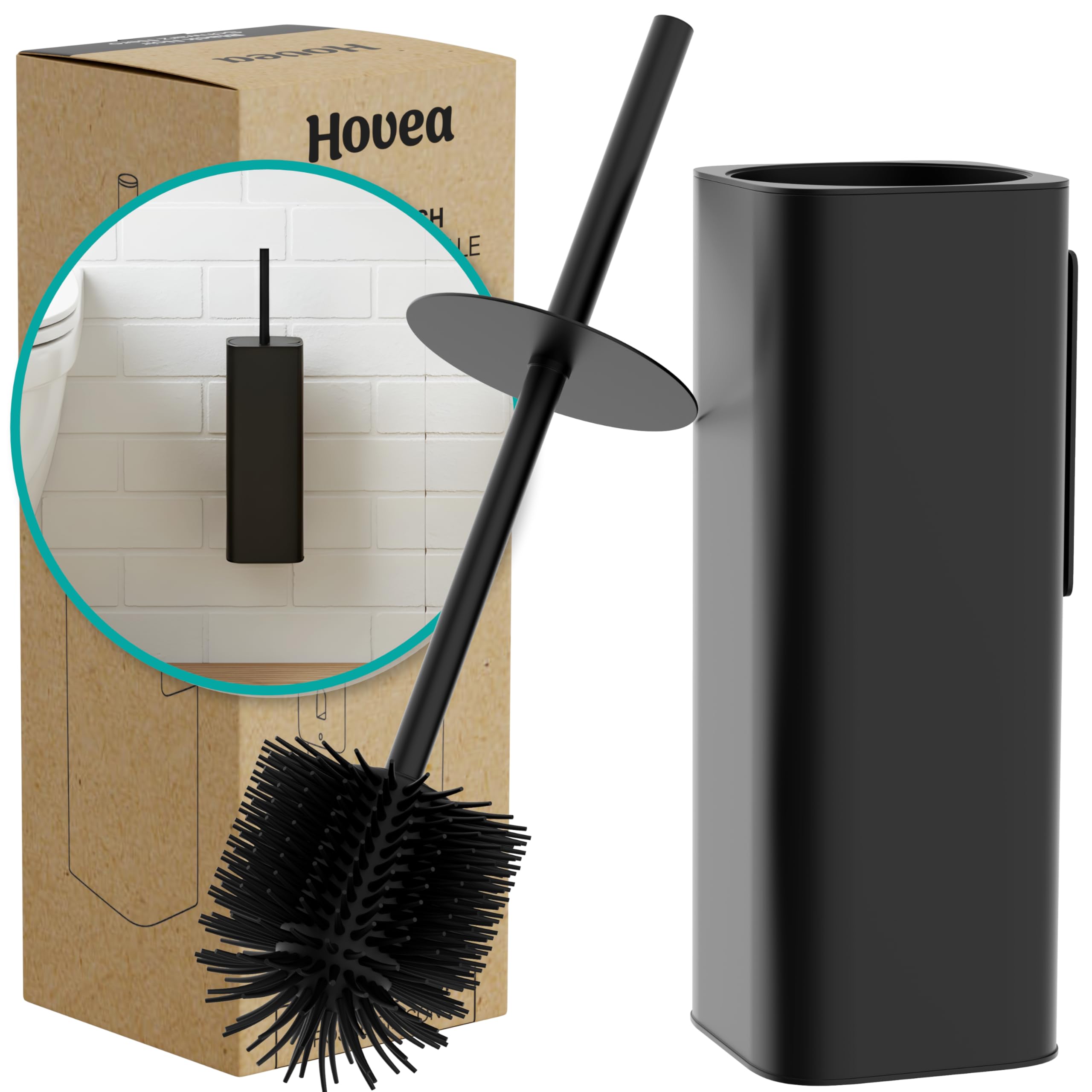 Brosse WC silicone noir mat haut de gamme avec son boîtier métal chic WC3680