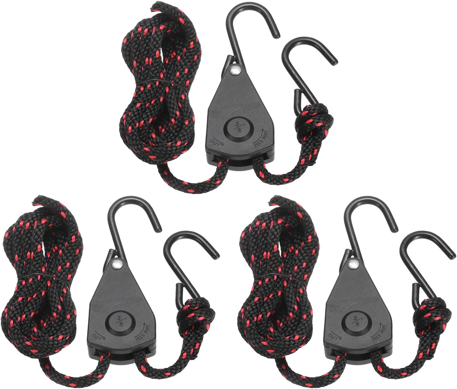 uxcell 3 Pairs 3/8" Adjustable Rope Hanger, 9.84ft(3 Meter) Heavy Duty Ratchet Tie Down Strap with S Hook for Hanging Plants, Grow Light and Various Tie-Down Uses, Black/Red