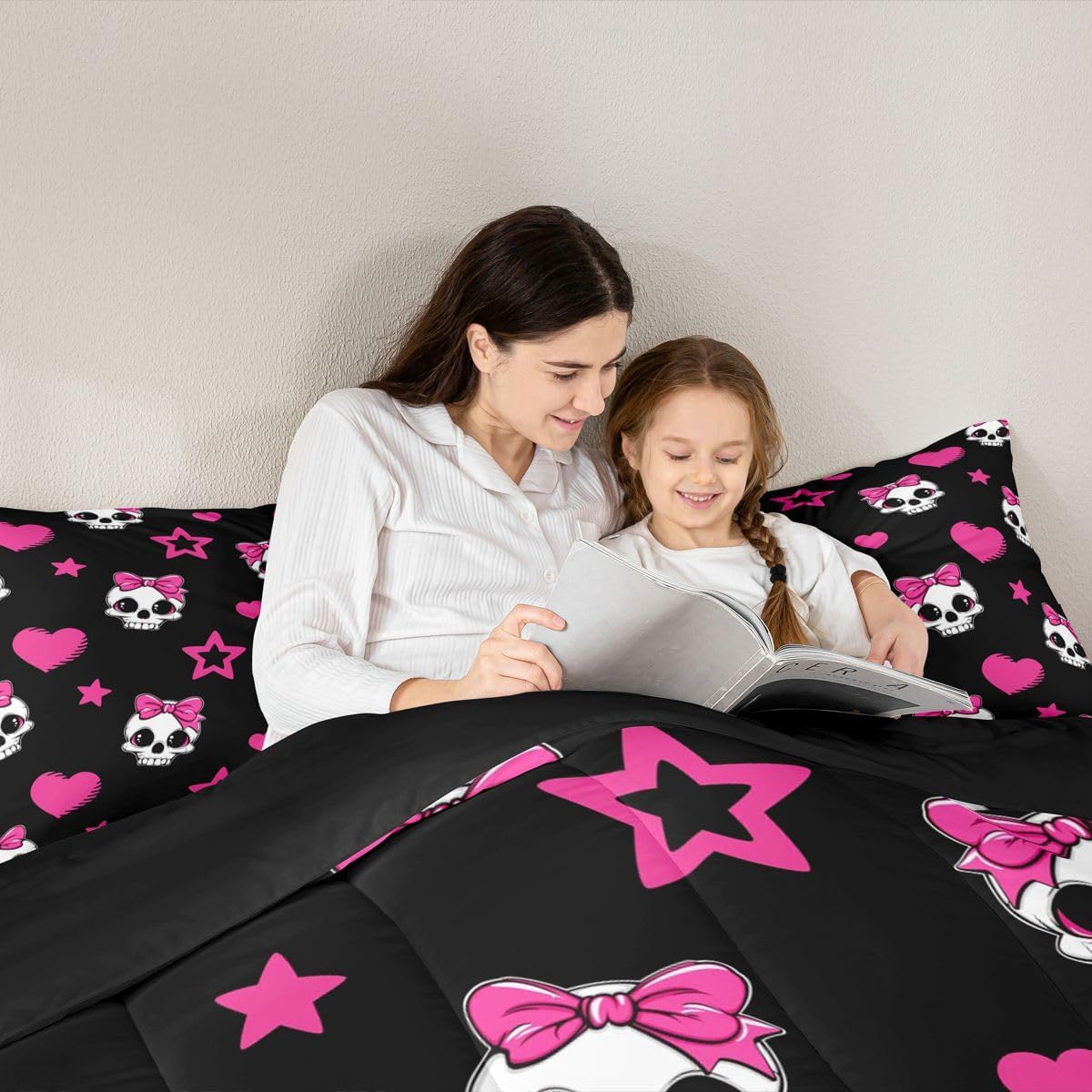 Cartoon Skull Queen Size Comforter Set,Halloween Theme Cute Skeletons Down Alternative Comforter Adults Bedroom Decor,Pink Hearts Stars Bow Black Ultra Soft Microfiber Inner Fill 3Pcs Bedding