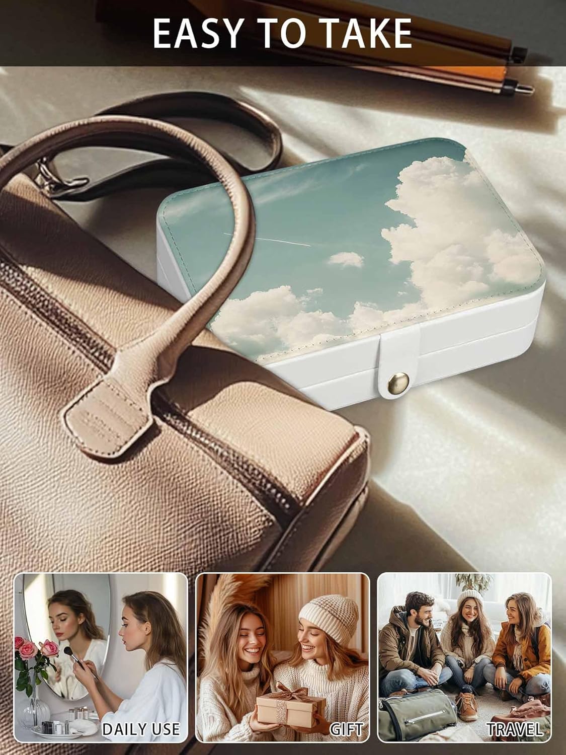 Blue Grey Cloudy Sky Jewelry Organizer and Storage Box, Portable Travel Jewelry Box for Women, PU Leather Large 6.3x4.3x2 Inches, Rustic Clouds Scenery Earring Necklace Storage Case