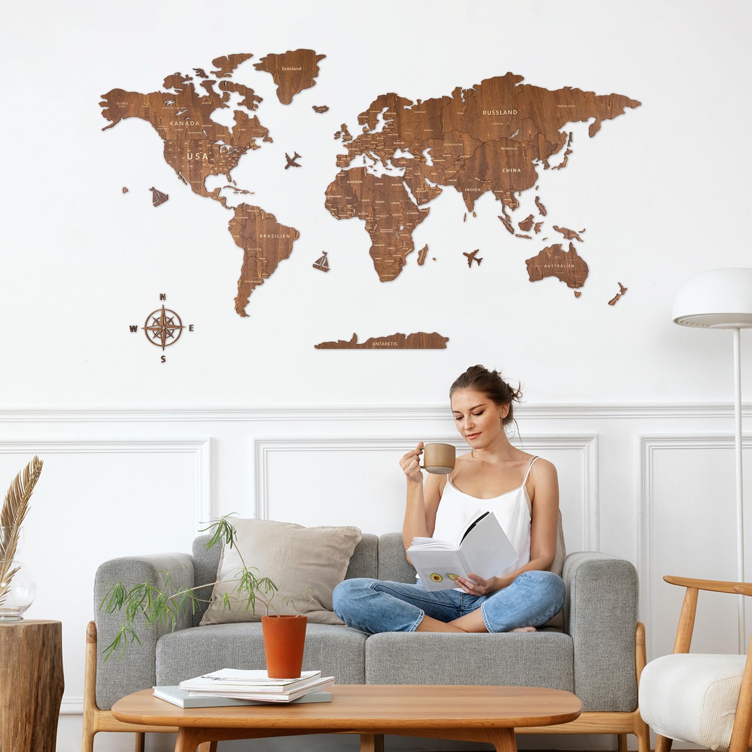 Creawoo Deutsche Holz Weltkarte Wand, handgefertigte Wanddekoration aus Walnussholz Weltkarte, Wandkunst Wanddekoration für Haus & Büro, 150 x 85 cm