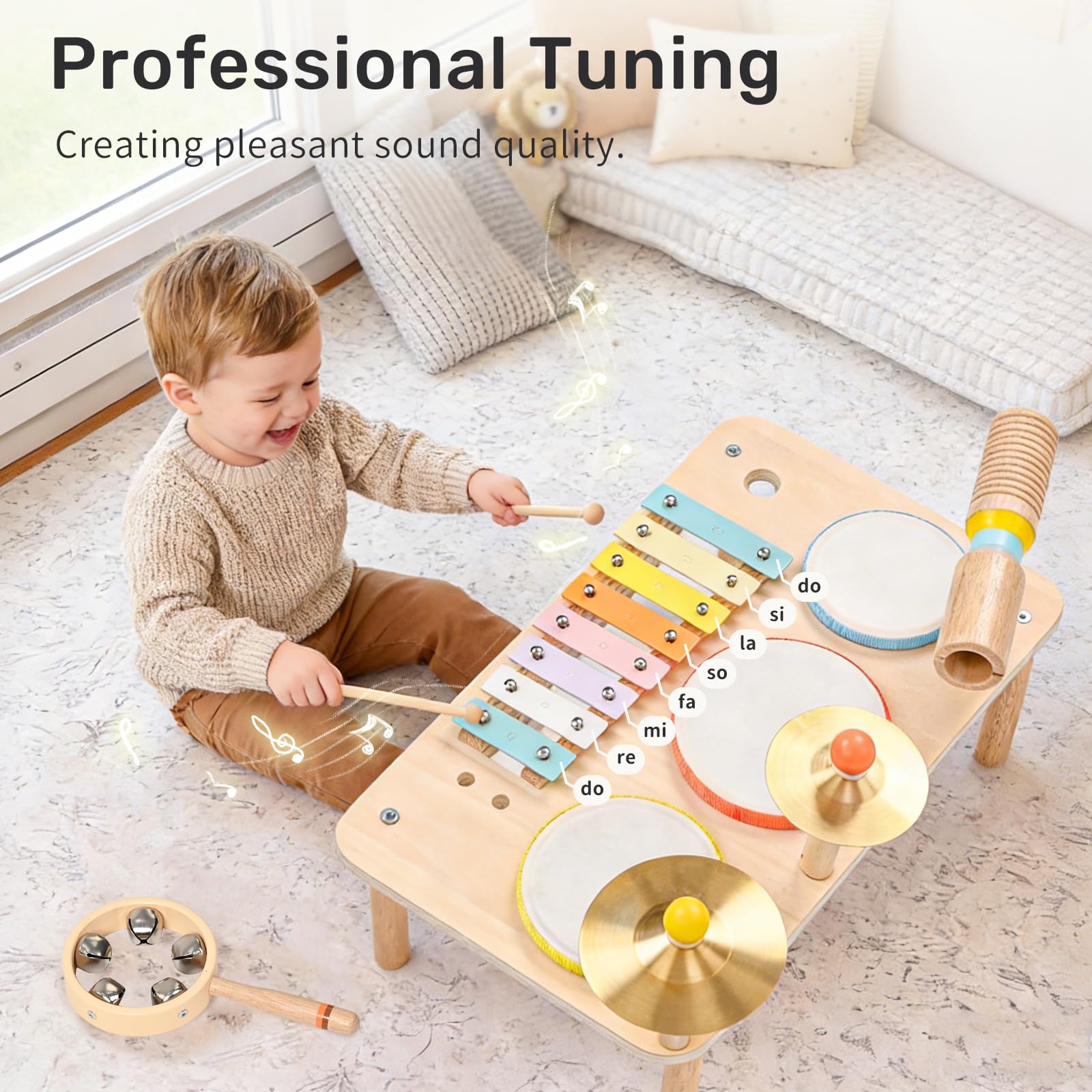 WINGYZ Batteria per bambini, set di strumenti musicali in legno 9 in 1 con xilofono, tamburo per bambini a partire da 1 anno, giocattolo musicale per ragazzi e ragazze, regalo per il primo compleanno
