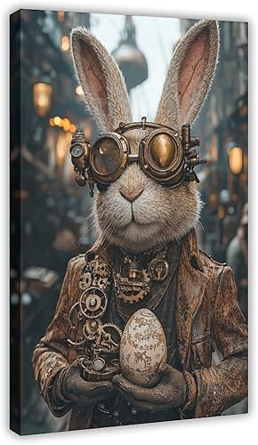 Steampunk Easter Bunny Wall Art  Victorian Cyber Rabbit with Mechanical Gear Egg  Retro Industrial Sci-Fi Poster  Unique Easter Decor & Gift for