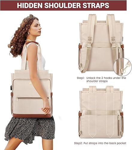 Vista 3 de Mochila para laptop para mujer, 15.6 pulgadas con correas ocultas para el hombro, puerto de carga USB, mochila convertible para profesores