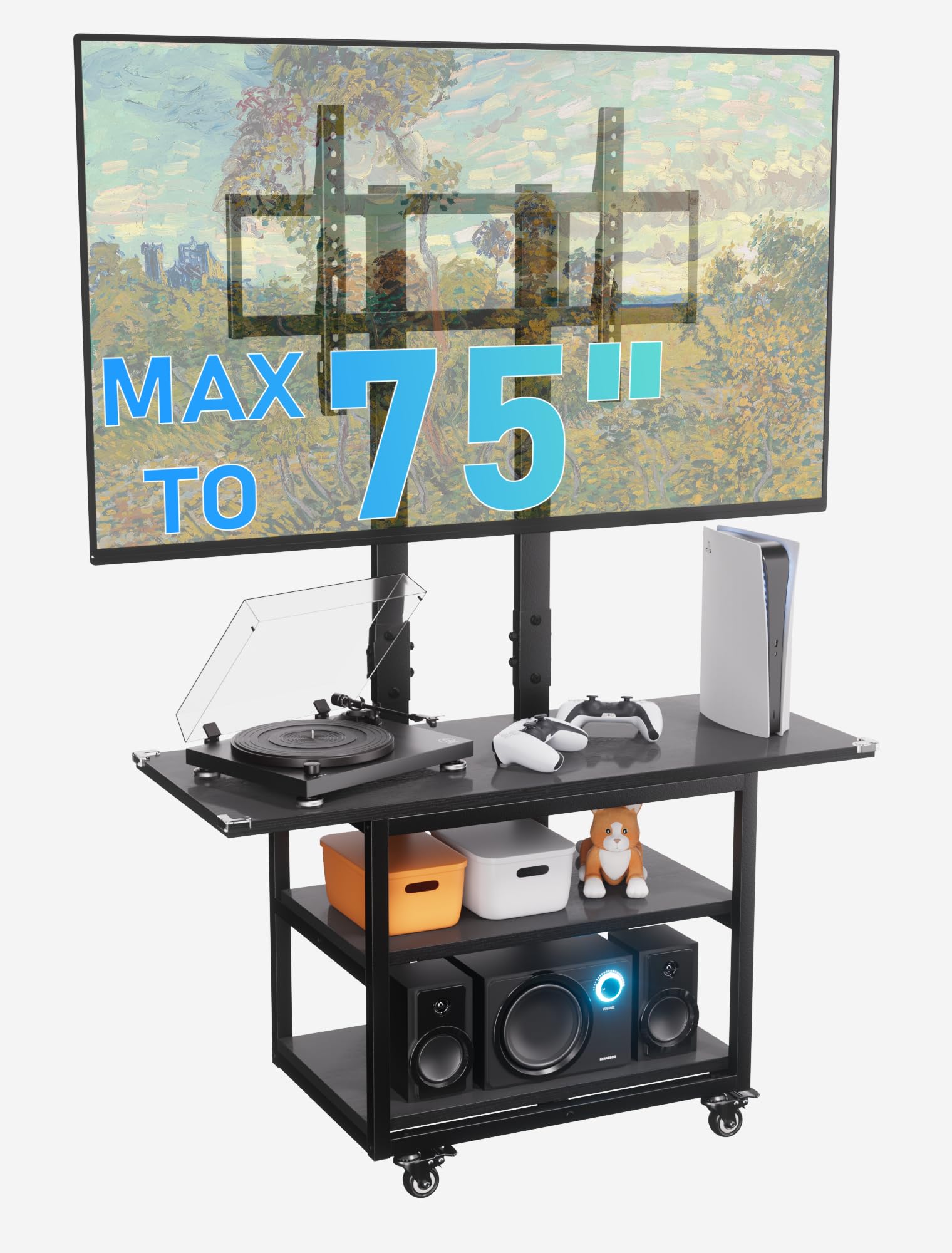 KAMIWI Tall TV Stand with Storage, Entertainment Center with TV Mount UP to 75 inch, Rolling TV Stand on Lockable Wheels for Bedroom, Living Room,