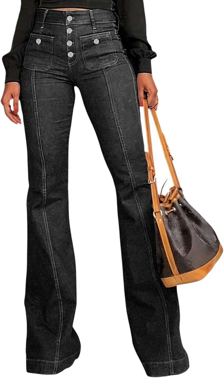 Women's Bell Bottom Jeans Stretchy Mid Waisted Wide Leg Bootcut Jeans Retro Button Up Slim Fit Denim Pants Trendy 90s