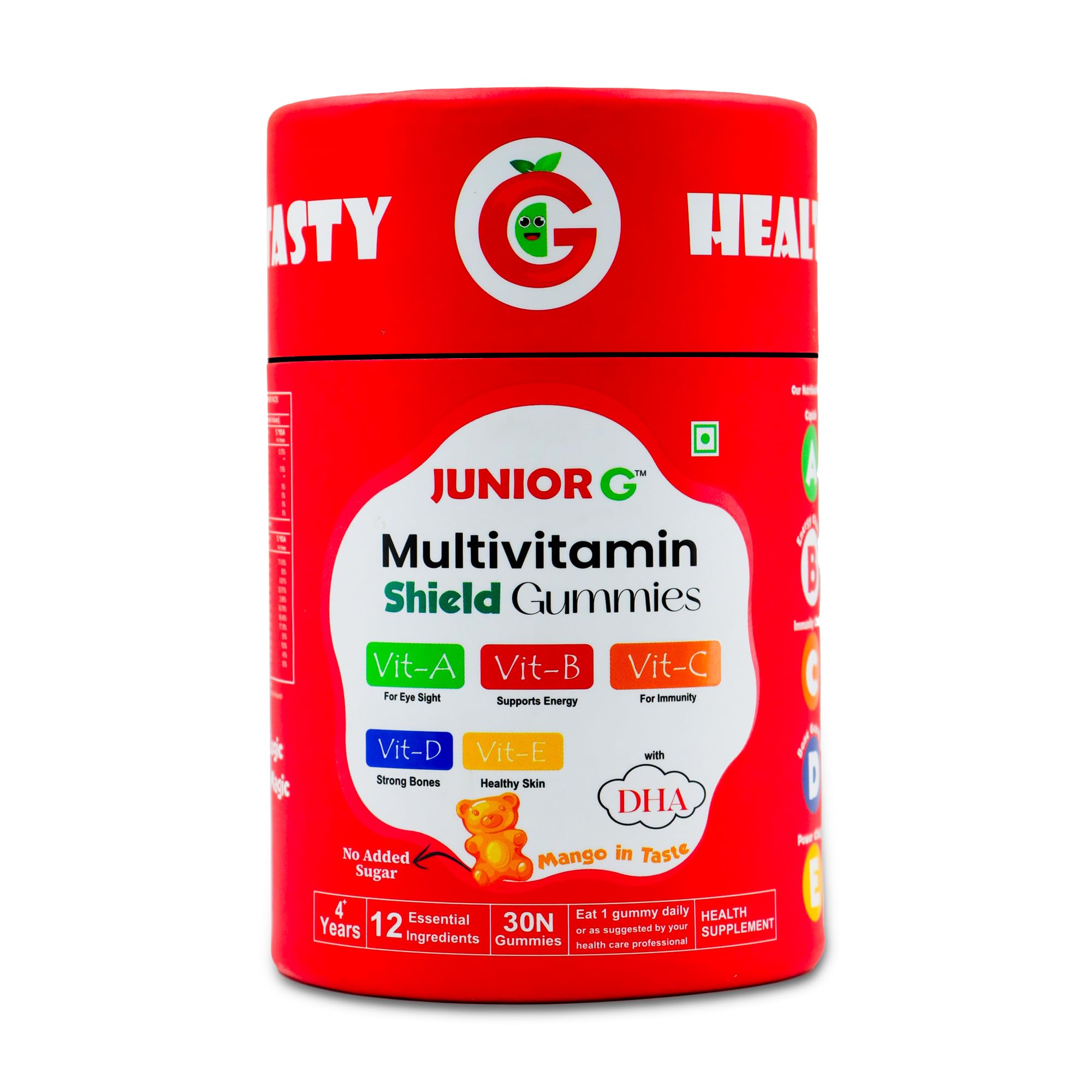 JuniorG Multivitamin Shield Gummies For Kids,4+ Years,With 11 Important Vitamins&Minerals|No Sugar Added|Mango Flavour|Boosts Immunity,Improves Energy,Stronger Bones,Dha|30 Days Pack