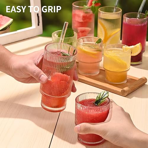 Miniatura 8 de Vasos acanalados  Juego de cristalería fácil de agarrar con pajitas y moldes de hielo  12 oz x 4, 7 oz x 4  Juego de vasos de bebida vintage