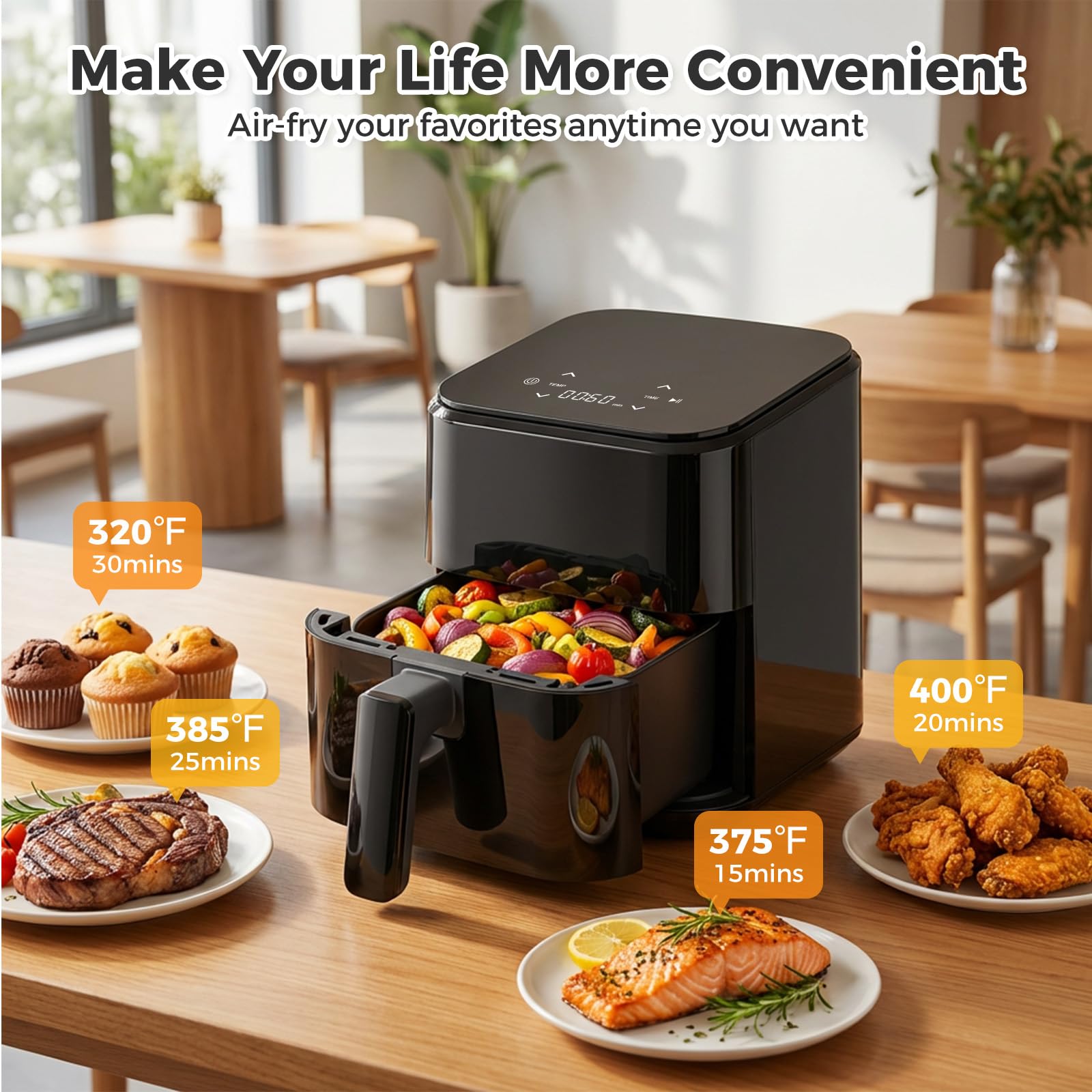 DUMOS 6qt Air Fryer with Window, Square Air Fryer 12-in-1 Air Fry, Roast, Reheat, Dehydrate, Bake, Reheat, Fries, Sea Food, Steam with 400F Kitchen Appliances Grey view 6