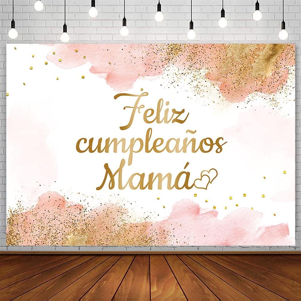 AIBIIN 8x6ft Feliz Cumpleaños Mama Backdrop Mom Birthday Party Decorations Best Mom Ever Blush Pink Watercolor Clouds Gold Glitter Photography