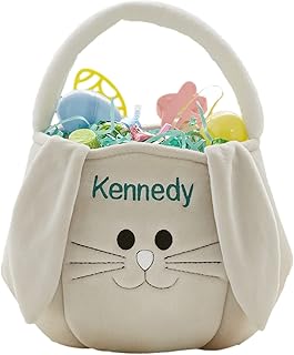 Personalization Universe Teal and Grey Personalized Easter Bunny Basket Bag, Embroidered Baby Name, Perfect for Easter Egg Hunts, Custom Easter Egg Hunt Accessory, Ideal For Easter Basket Stuffers