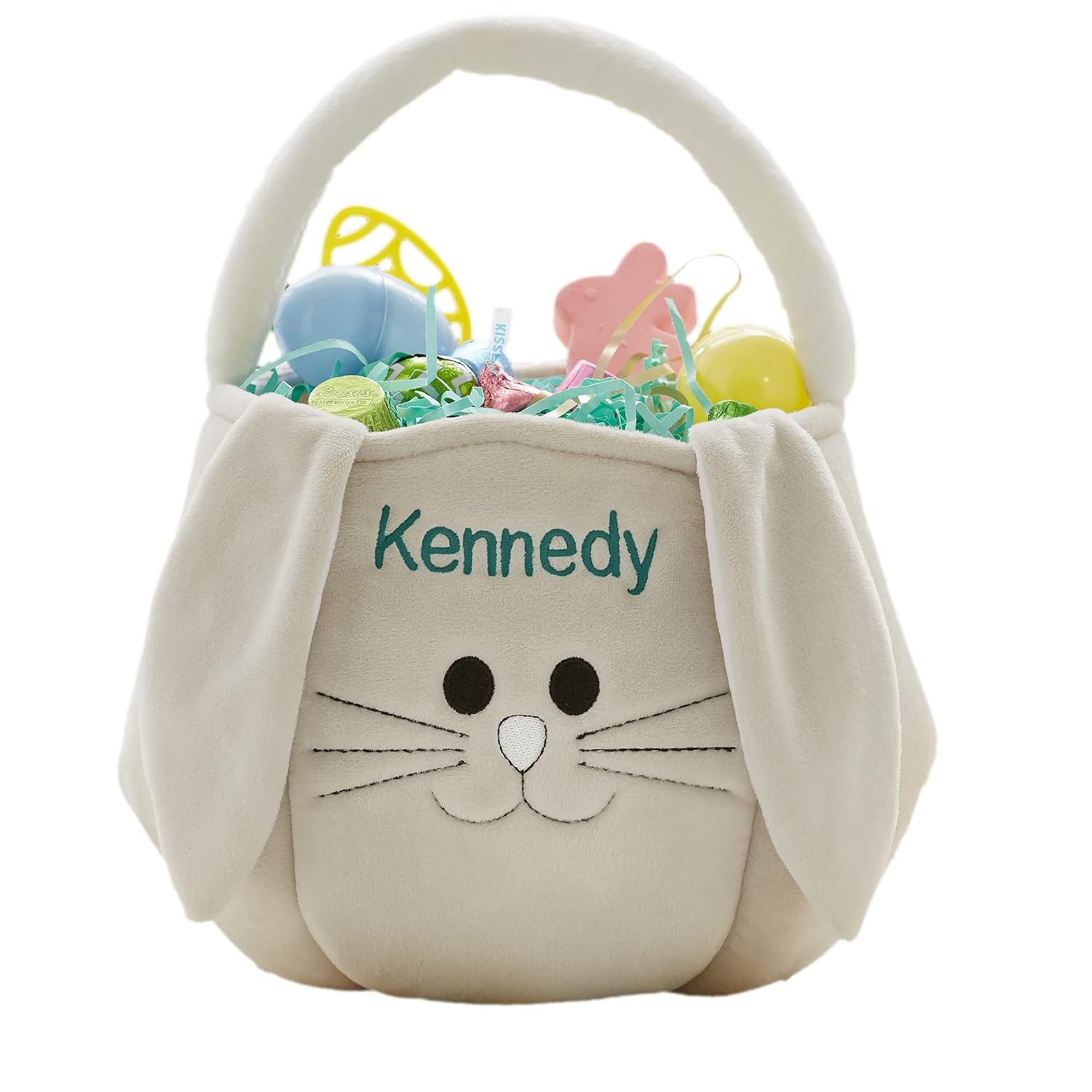 Personalization Universe Personalized Plush Teal and Grey Easter Bunny Basket Bag – Custom Kids Easter Gift – Baby's First Embroidered Soft Plush Basket