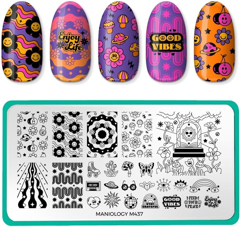 Maniology Feelin’ Groovy Nail Stamping Plate | Retro 70s-Inspired Designs with Funky Patterns & Vintage Vibes for Throwback DIY Manicures – Reusable, Rectangular Stainless Steel Nail Art Template