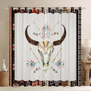 Boho Cow Skull Curtain Home Decor,Watercolor Tribal Geometric Print Window Drapes for Bedroom Decor,Cowboy Western Style Window Treatment Curtains for Kids, 52Wx96L inch