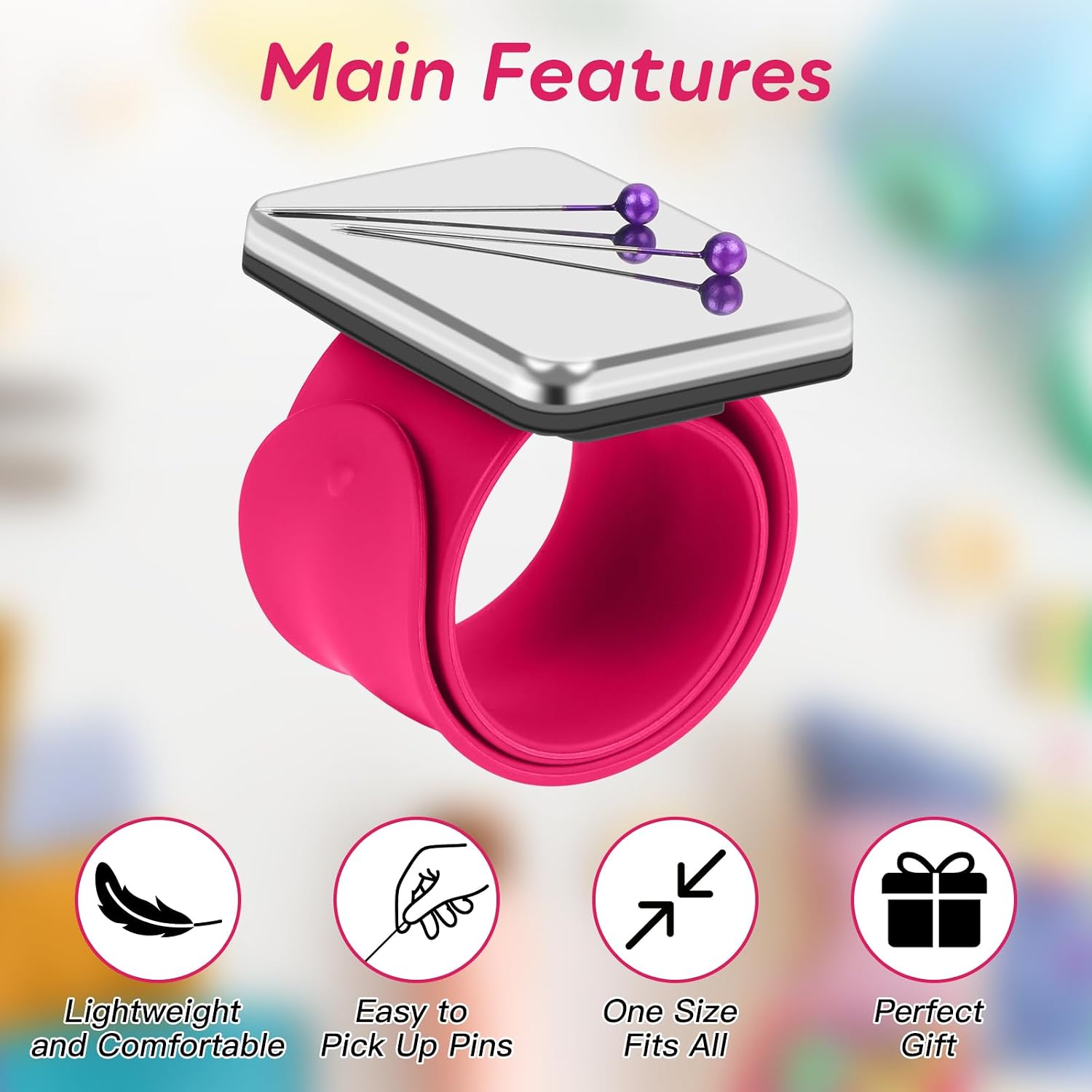 Magnetic Pincushion Wristband Rose Red 9.5" with 100 Pcs 1.5 Inch Colorful Ball Head Sewing Pins Set, Magnetic Pin Cushion Wrist Holder for Sewing, Silicone Wrist Pin Holder for Quilting and Braiding