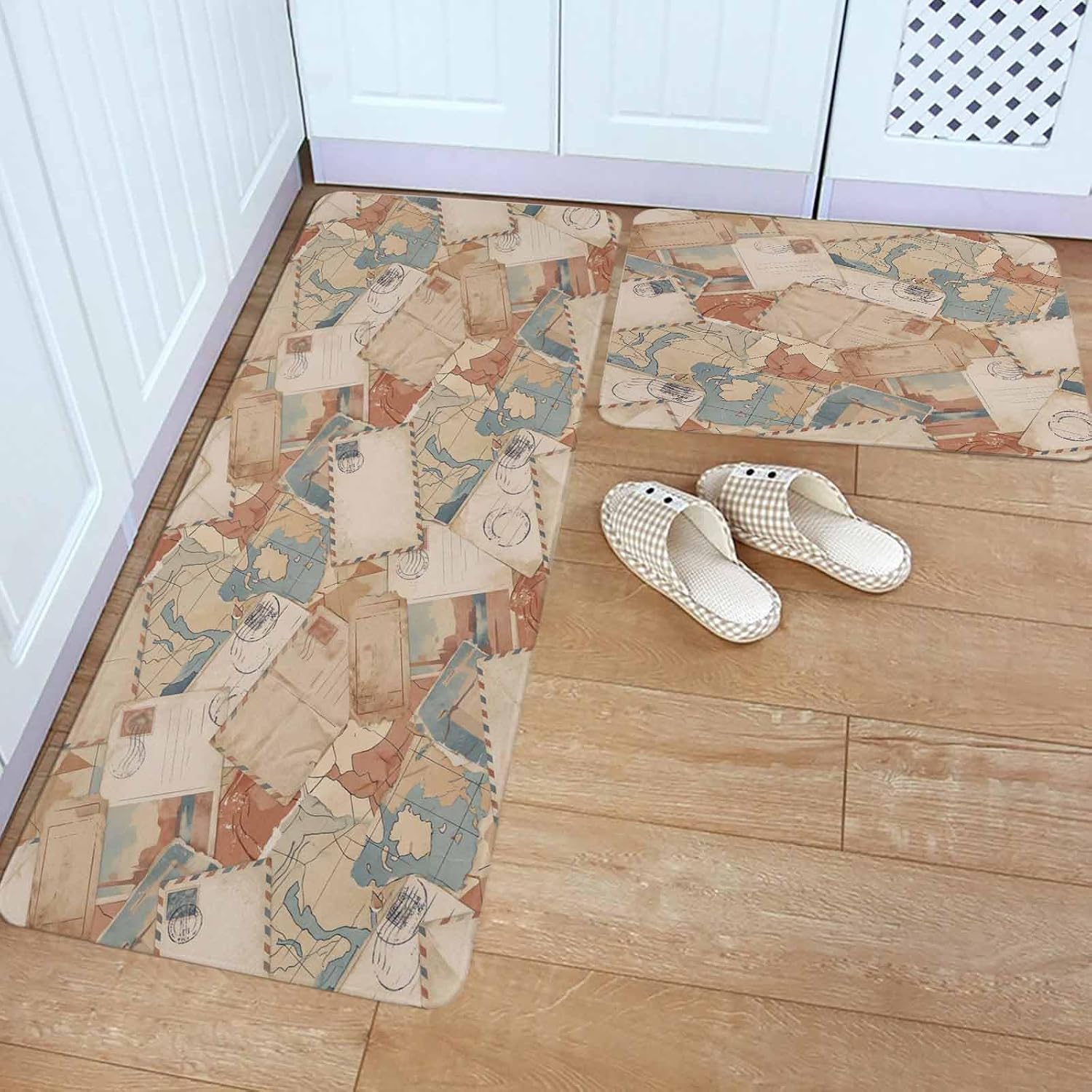 Vintage Envelope Kitchen Rugs and Mats Set of 2, Non-Slip Kitchen Sink Mat, Abstract Art Travel Maps Washable Doormat Bathroom Rugs Runner for Bedroom/Living Room 17.7"x30"+17.7"x59"