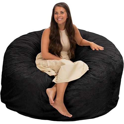 ULTIMATE SACK 5000 5-Foot Bean Bag Chair, Black Fur Cover – Oversized Foam Lounger, Floor Seat, Small Sofa, or Couch Bed for Living Area, Gaming Room, or Reading Lounge