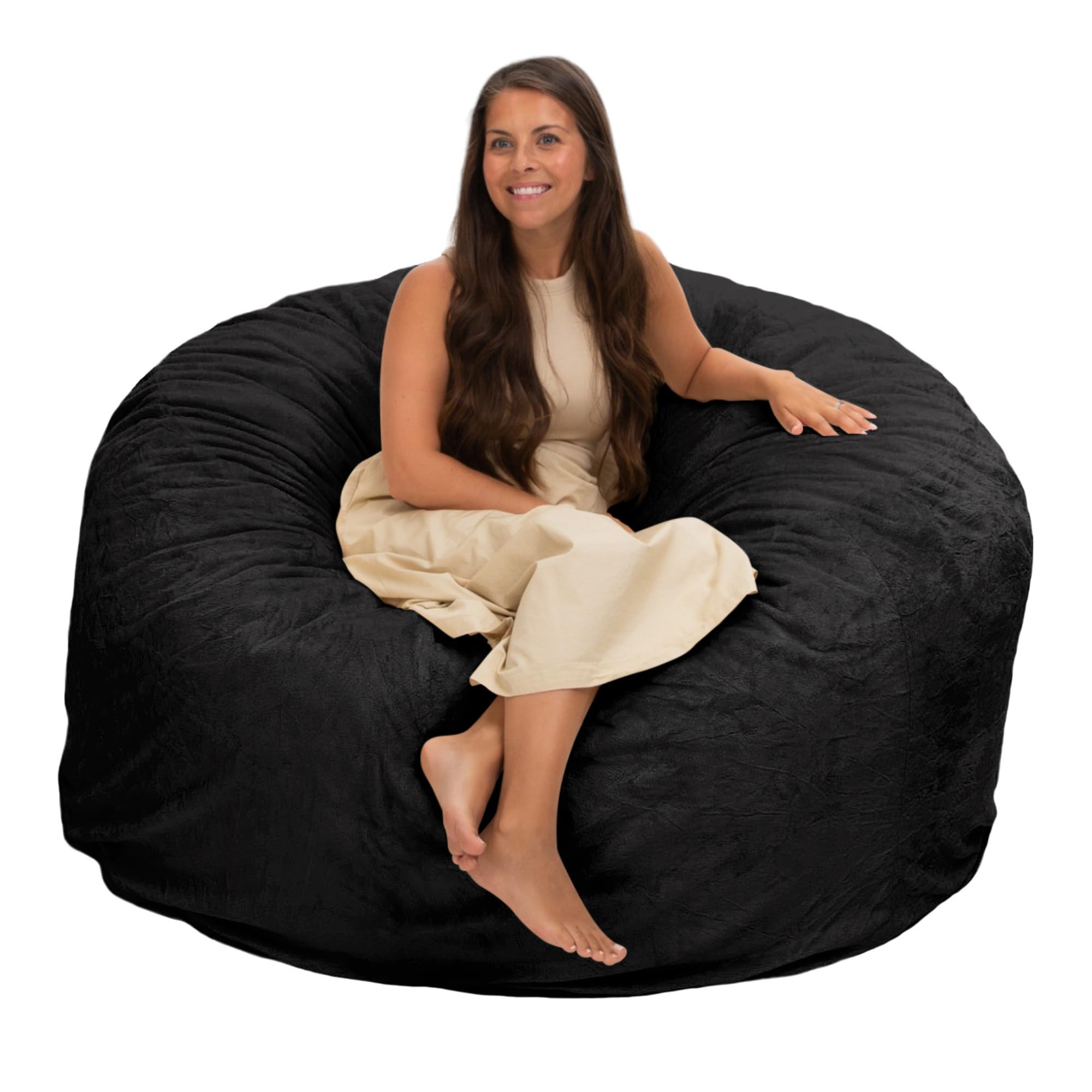 ULTIMATE SACK 5000 5-Foot Bean Bag Chair, Black Fur Cover – Oversized Foam Lounger, Floor Seat, Small Sofa, or Couch Bed for Living Area, Gaming Room,