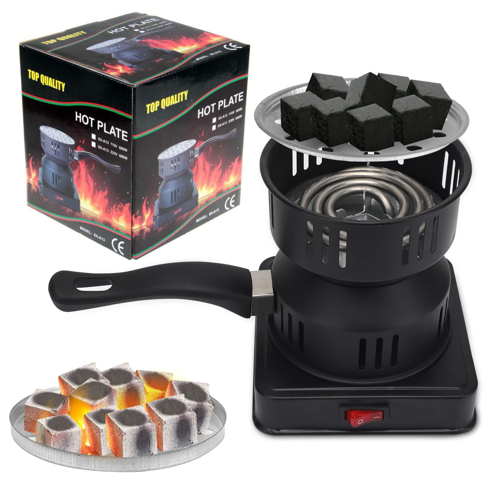 Yuragim Encendedor de Carbón Eléctrico, 450–600 W, Carbón Vegetal, Parrilla de Carbón Eléctrico, Quemador de Carbón, Accesorios para Carbón, Cesta de Carbón, Placa Calefactora con Asa y Rejilla
