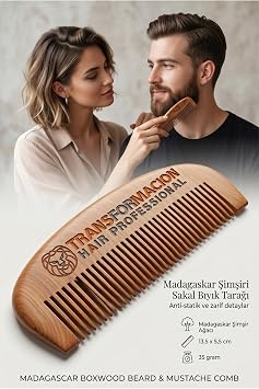 Transformacion Madagaskar Şimşir Sakal ve Bıyık Tarağı - Antistatik Ahşap Erkek Bakım Tarağı, Sakal Şekillendirici ve Yatıştırıcı El Yapımı Doğal Tarak 723305